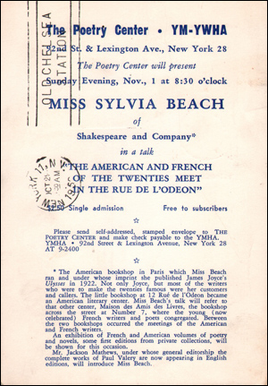 The Poetry Center will Present Miss Sylvia Beach of Shakespeare and Company in a Talk 