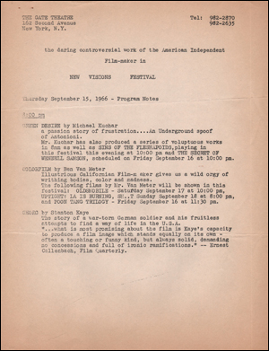 The New Visions Festival : Thursday September 15, 1966 Program Notes [Green Desire, Colorfilm, Georg]