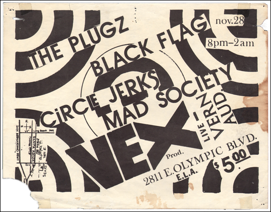 [ Vex Productions / Black Flag, the Plugz, Circle Jerks, Mad Society at Vern Aud. / Nov. 28 ]